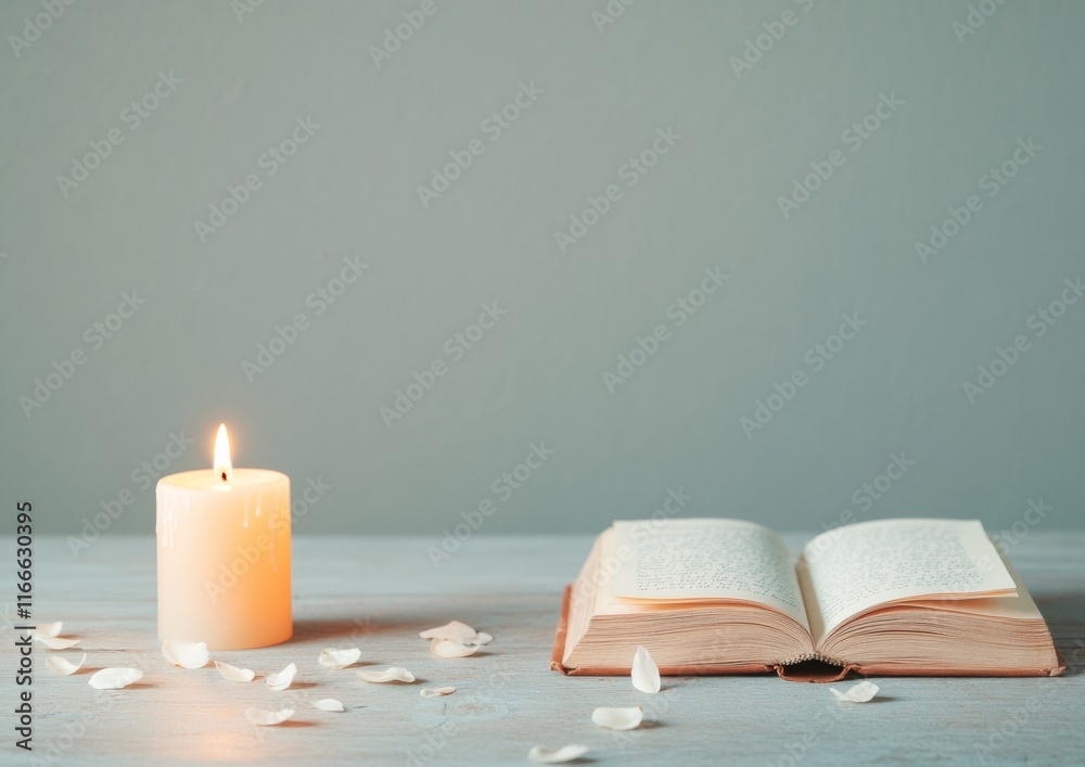 Poster tranquil candlelit reading space with open book on wooden table