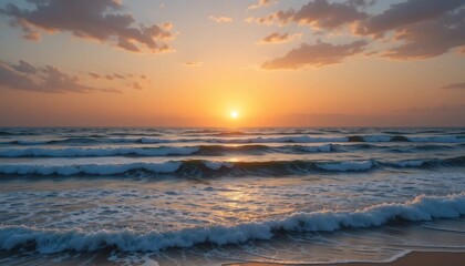Stunning Sunrise over Ocean Waves: Serene Beach Scenery
