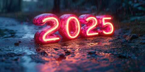 Pink neon sign showing 2025 standing on a wet forest path at night while it's raining