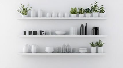 Scandinavian minimalist design in interior of apartment, flat for rent or sale and home blog. Modern plates and cups, kitchen utensils, potted plants on wooden shelves, on light wall, empty space.