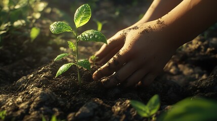 Fototapeta premium Close-up of hands planting a sapling in soil, illustrating gardening or reforestation.
