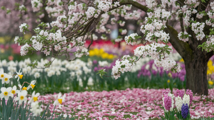 Lush Spring Landscape with Blossoming Trees and Colorful Flowers