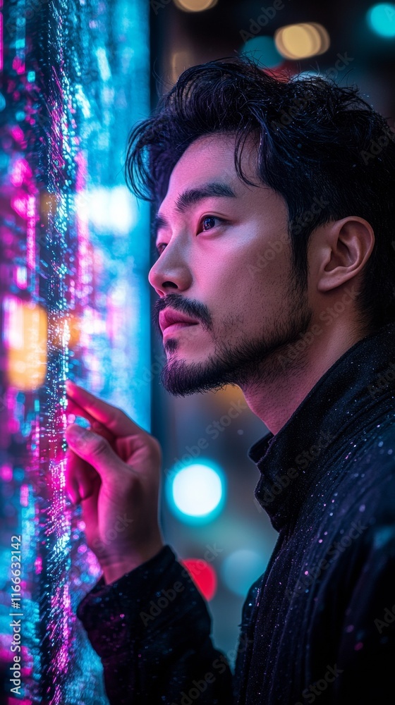 Aufkleber futuristic analysis asian man interacting with neon holographic display in cyberpunk style