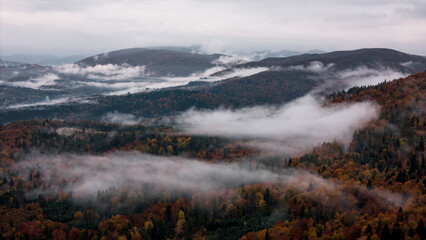 Drone Shot Over Foggy Bieszczady Mountains at Fall