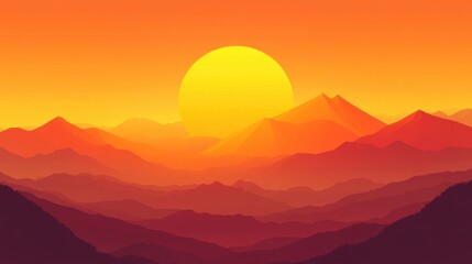 Obraz premium Majestic Sunset over Mountain Ranges: A Vibrant Panorama of Warm Hues and Serene Landscape