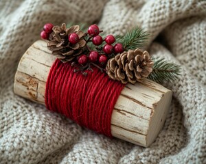Fototapeta premium Rustic Winter Amulet with Pinecones and Red Twine on Cozy Textile Background