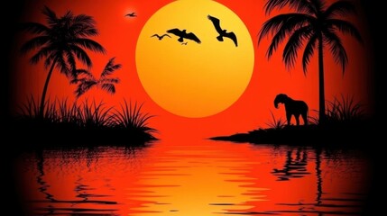 Silhouette Sunset Tropical Island with Elephant