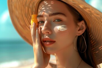 Young woman applying sunscreen at beach for sun protection.