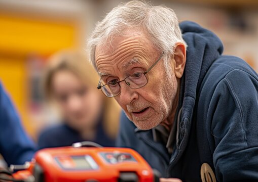 Elderly Man Engaged in AED Training Session at Community Event