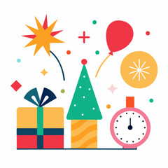 Festive New Year Celebration: Fireworks, Party Hats, and Countdown Elements