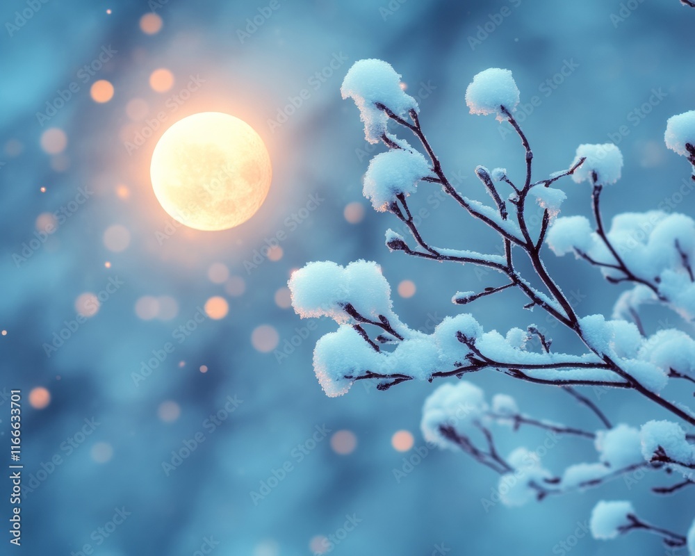 Aufkleber dreamy winter glow snow-covered branches and moonlit bokeh