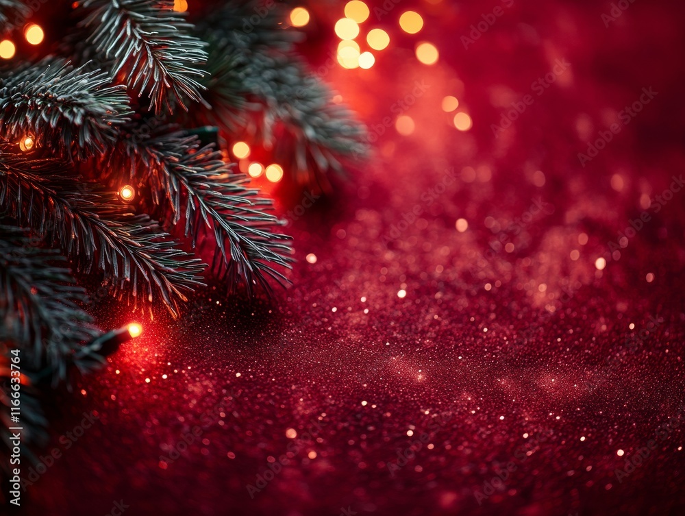 Poster warm festive glow with fir branches and twinkling lights on deep red background