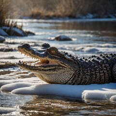 Obraz premium A caiman basking on the edge of a snowy riverbank, steam rising from its scales in the sunlight.