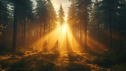 Obraz premium A serene forest scene with sunlight filtering through tall trees, creating a tranquil atmosphere.
