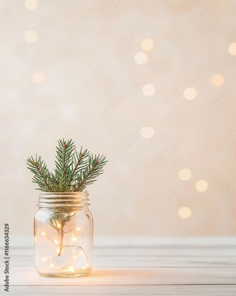 Poster magical miniature christmas tree in jar with warm fairy lights and bokeh background