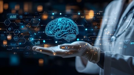 doctor's hand touching a blue digital infographic wall of brain health activities, symbolizing AI’s integration and analysis capabilities in healthcare.