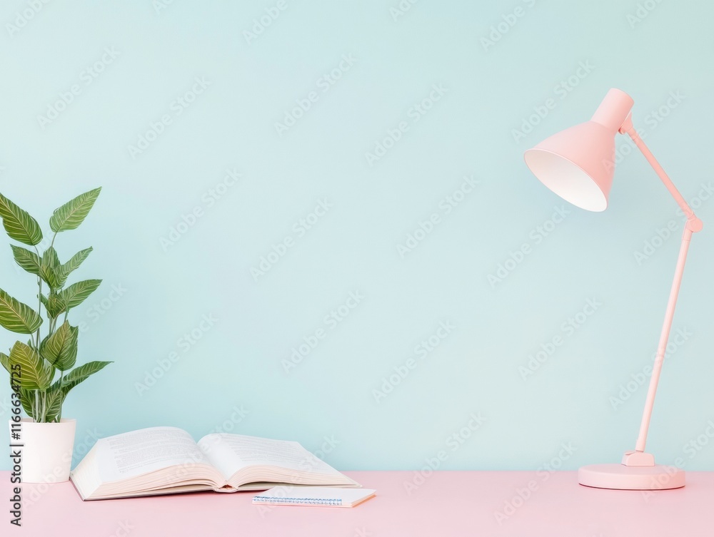 Poster tranquil study space with open textbook and pastel lamp