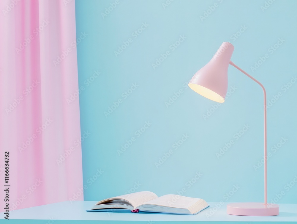 Poster focused study open textbook and soft pastel lamp on minimal desk