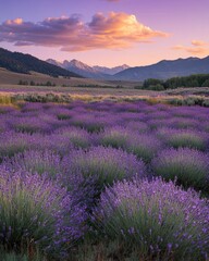 Obraz premium A beautiful lavender field at sunrise, with mountains in the background and a vibrant purple sky. The sun is rising over the horizon, casting long shadows across the land and creating an atmosphere 