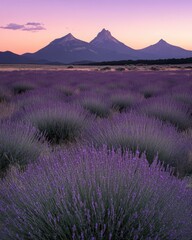 Obraz premium A beautiful lavender field at sunrise, with mountains in the background and a vibrant purple sky. The sun is rising over the horizon, casting long shadows across the land and creating an atmosphere 