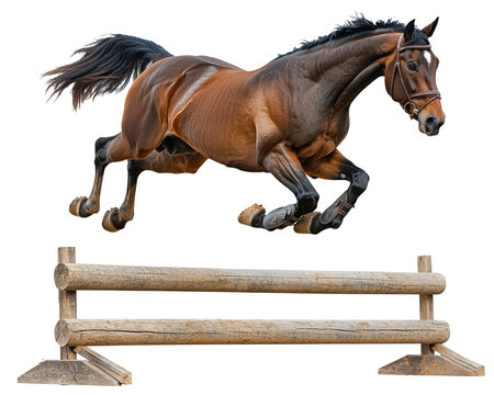 Isolated Brown Horse Jumping Over Wooden Fence