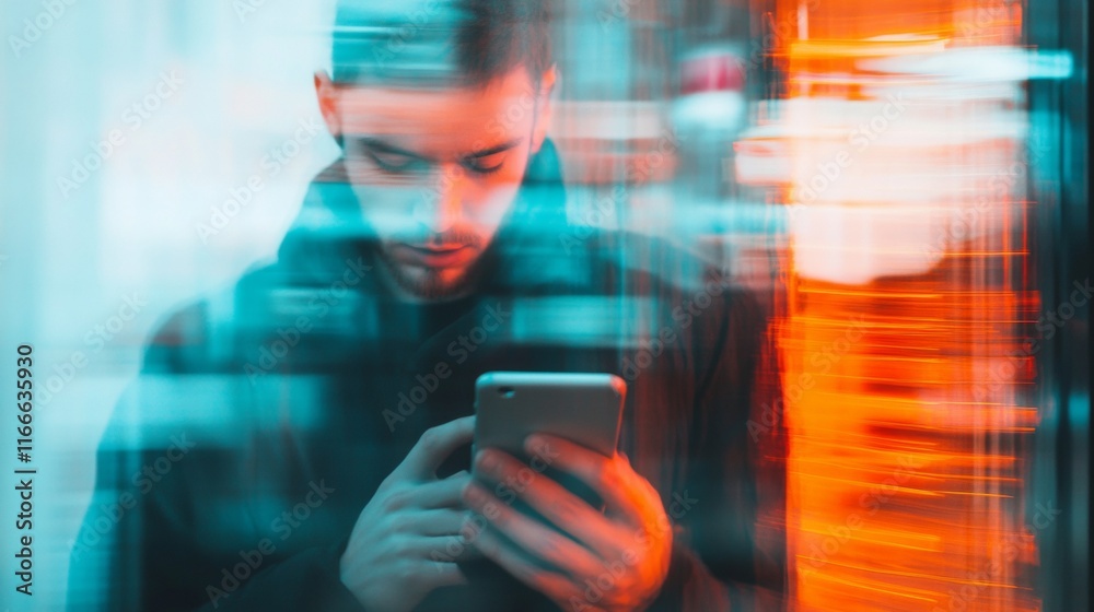 Aufkleber abstract motion blur of person scrolling phone in urban setting