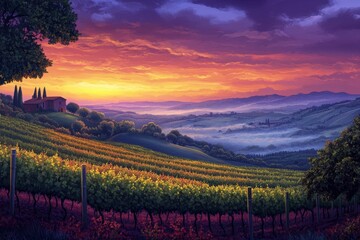Fototapeta premium A beautiful sunrise over the rolling hills of Tuscany, with mist in the valley and a colorful sky. A distant silhouette of a house on the top left hill. A vineyard at the bottom right