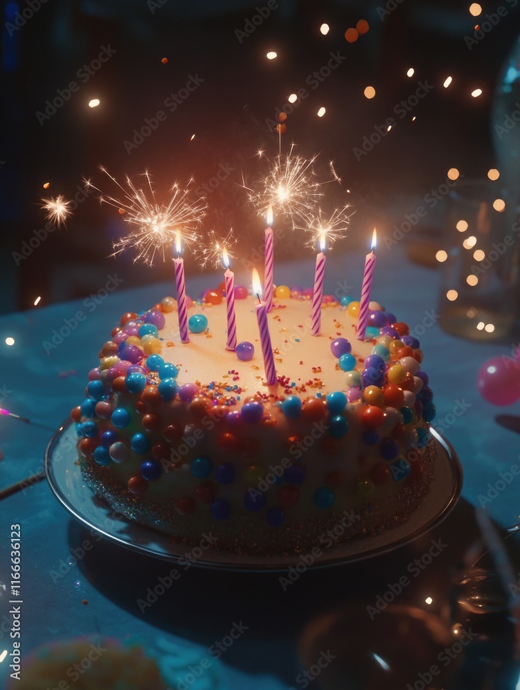 Poster Birthday Cake with Lit Candles