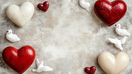Fototapeta premium Decorative Hearts and Doves Frame a Neutral Background
