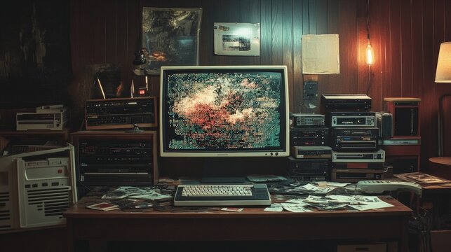 Retro 90s Desk Setup with CRT Monitor and Vintage Electronics