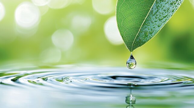 A close-up of a green leaf with a water droplet poised to fall onto a serene water surface, creating ripples in a soft, blurred green background. - Powered by Adobe
