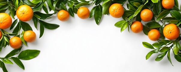 Fresh Oranges with Green Leaves on White Background