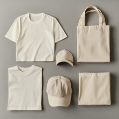 Beige Mockup Apparel: T-shirts, Tote Bag, and Caps for Branding