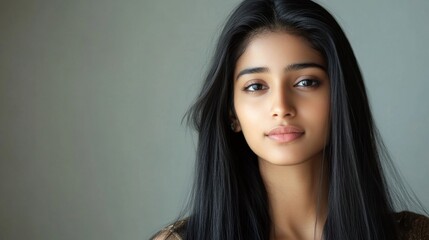 Fototapeta premium Portrait of a beautiful young Indian woman with long shiny straight black hair on grey background