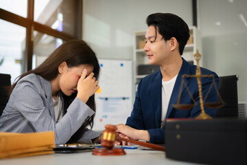 Lawyer comforts his clients with legal advice and serious stress trust commitment for justice issues and lawyer concepts.