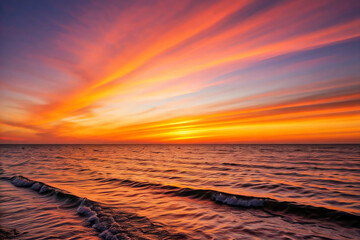 Naklejka premium Beautiful Sunset Over Sea field area with colorful clouds and vibrant sky