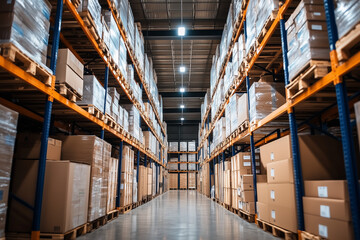 Fototapeta premium Industrial Warehouse Interior with Organized Shelves, Stacked Pallets, and Spacious Logistics Workspace