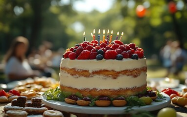 Birthday cake with berries and candles at an outdoor party.
