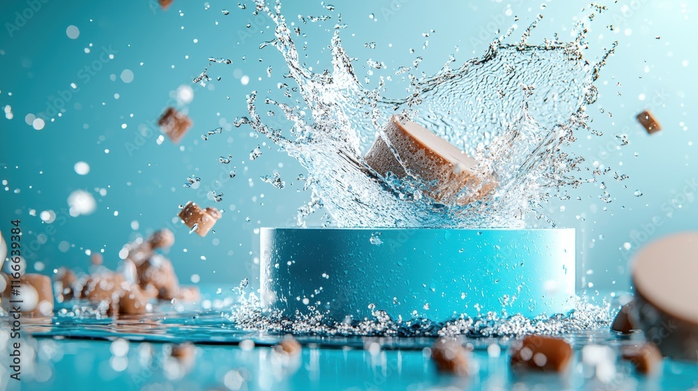 Poster a round object splashes into a turquoise basin, creating dynamic water droplets and surrounded by sm