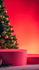decorated evergreen tree with pink platforms red background