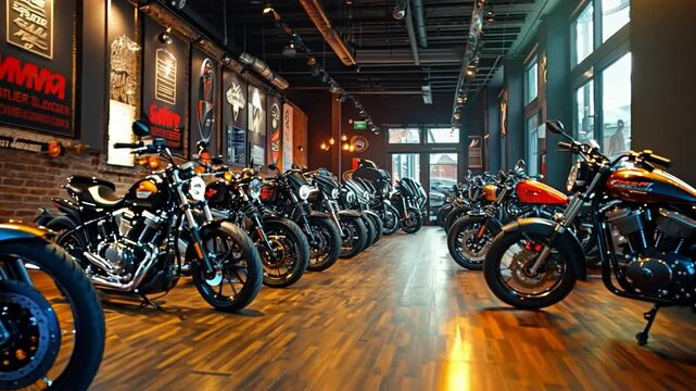 A row of gleaming Harley Davidson motorcycles stand proudly on display in a spacious showroom, showcasing the power and prestige of the iconic brand.