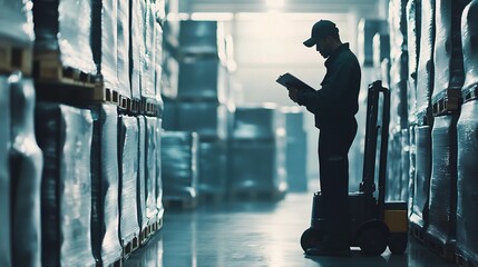 Logistics Worker Reading Clipboard While Moving Goods in Warehouse