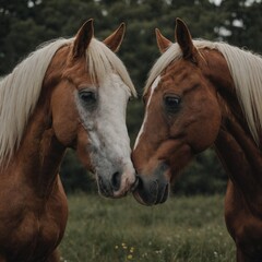 Obraz premium Focus on two horses nuzzling each other.
