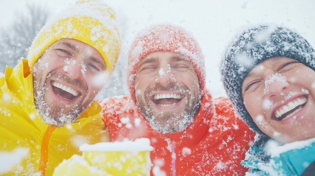 Joyful Winter Runners Huddled in Snowy Landscape, Sharing Warmth and Laughter