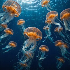Naklejka premium A luminous jellyfish floating gracefully in the deep blue sea, surrounded by shimmering schools of fish.