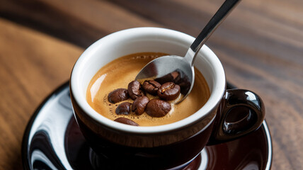 Espresso with Coffee Beans in a Stylish Black Cup