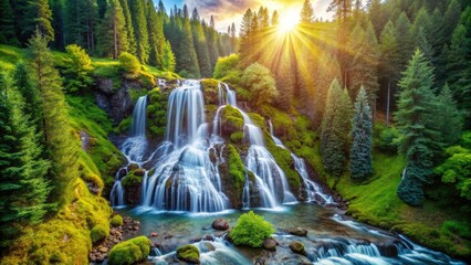 A breathtaking cascade plunges through Kazakhstan's lush forest, captured in a stunning aerial drone shot.