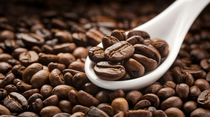 Coffee Beans in a White Spoon on a Bed of Beans