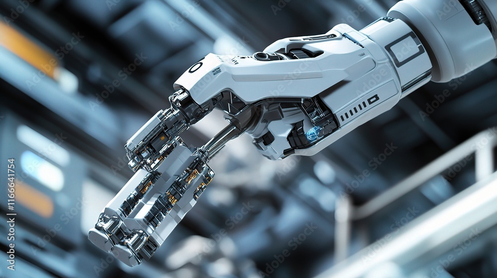Poster futuristic 3d rendering of a robot arm assembling a product
