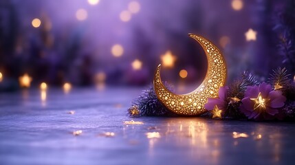 Illuminated Crescent Moon With Purple Flowers And Stars